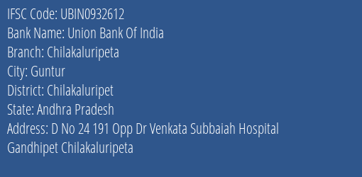 Union Bank Of India Chilakaluripeta Branch Chilakaluripet IFSC Code UBIN0932612