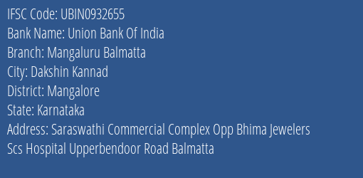 Union Bank Of India Mangaluru Balmatta Branch IFSC Code