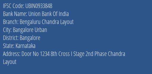 Union Bank Of India Bengaluru Chandra Layout Branch, Branch Code 933848 & IFSC Code UBIN0933848
