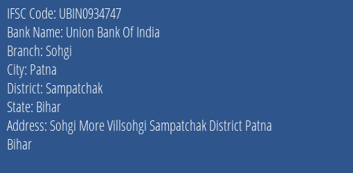 Union Bank Of India Sohgi Branch, Branch Code 934747 & IFSC Code Ubin0934747
