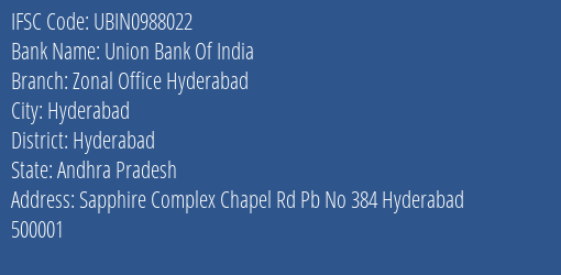 Union Bank Of India Zonal Office Hyderabad Branch Hyderabad IFSC Code UBIN0988022