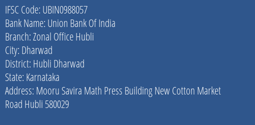 Union Bank Of India Zonal Office Hubli Branch IFSC Code