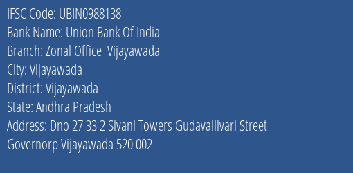 Union Bank Of India Zonal Office Vijayawada Branch, Branch Code 988138 & IFSC Code Ubin0988138