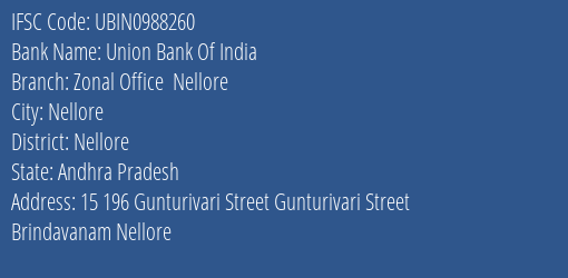 Union Bank Of India Zonal Office Nellore Branch Nellore IFSC Code UBIN0988260
