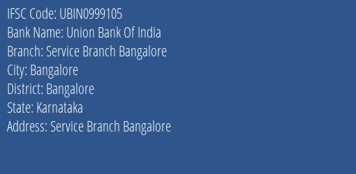 Union Bank Of India Service Branch Bangalore Branch Bangalore IFSC Code UBIN0999105