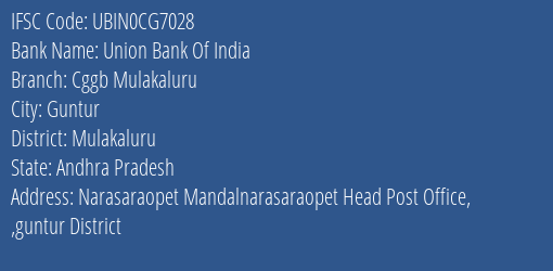 Union Bank Of India Cggb Mulakaluru Branch Mulakaluru IFSC Code UBIN0CG7028