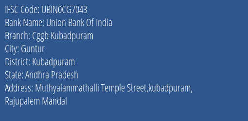 Union Bank Of India Cggb Kubadpuram Branch Kubadpuram IFSC Code UBIN0CG7043