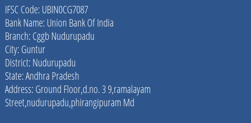 Union Bank Of India Cggb Nudurupadu Branch Nudurupadu IFSC Code UBIN0CG7087