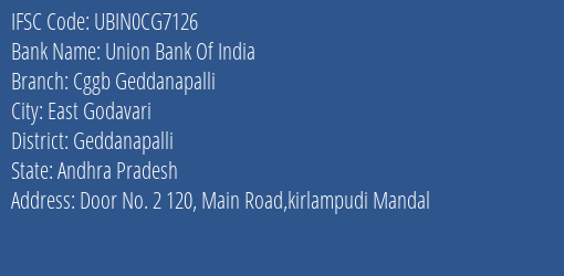 Union Bank Of India Cggb Geddanapalli Branch Geddanapalli IFSC Code UBIN0CG7126
