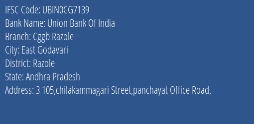Union Bank Of India Cggb Razole Branch Razole IFSC Code UBIN0CG7139