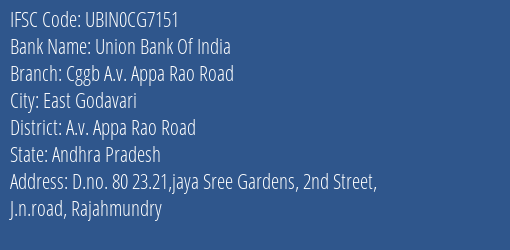 Union Bank Of India Cggb A.v. Appa Rao Road Branch A.v. Appa Rao Road IFSC Code UBIN0CG7151