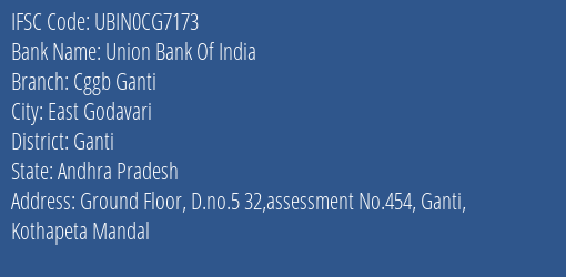 Union Bank Of India Cggb Ganti Branch, Branch Code CG7173 & IFSC Code Ubin0cg7173
