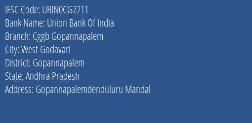 Union Bank Of India Cggb Gopannapalem Branch Gopannapalem IFSC Code UBIN0CG7211