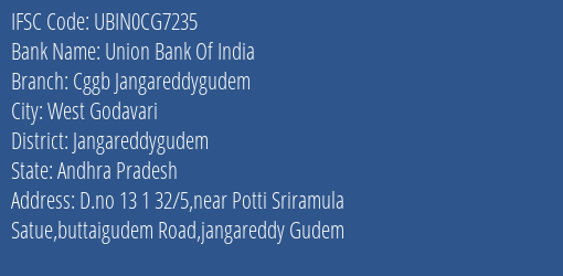 Union Bank Of India Cggb Jangareddygudem Branch Jangareddygudem IFSC Code UBIN0CG7235