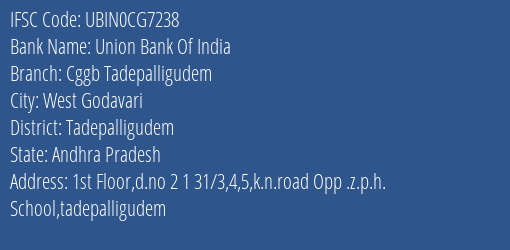 Union Bank Of India Cggb Tadepalligudem Branch Tadepalligudem IFSC Code UBIN0CG7238