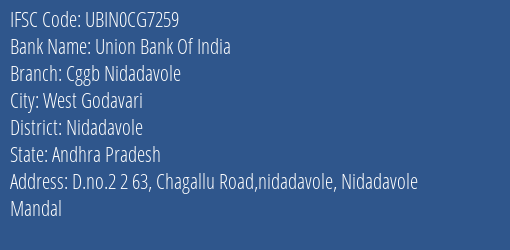 Union Bank Of India Cggb Nidadavole Branch, Branch Code CG7259 & IFSC Code Ubin0cg7259