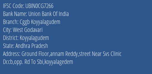 Union Bank Of India Cggb Koyyalagudem Branch Koyyalagudem IFSC Code UBIN0CG7266