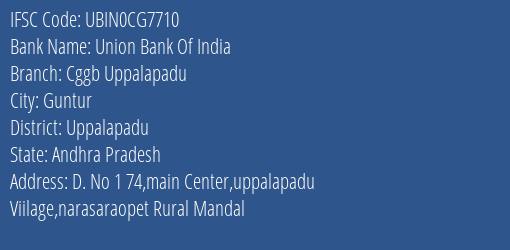 Union Bank Of India Cggb Uppalapadu Branch Uppalapadu IFSC Code UBIN0CG7710