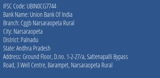 Union Bank Of India Cggb Narsaraopeta Rural Branch Palnadu IFSC Code UBIN0CG7744