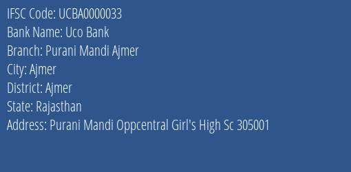 Uco Bank Purani Mandi Ajmer Branch, Branch Code 000033 & IFSC Code UCBA0000033