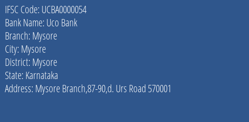 Uco Bank Mysore Branch, Branch Code 000054 & IFSC Code UCBA0000054