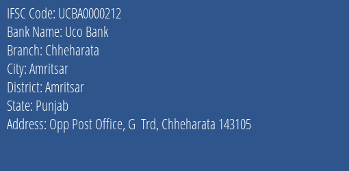 Uco Bank Chheharata Branch Amritsar IFSC Code UCBA0000212