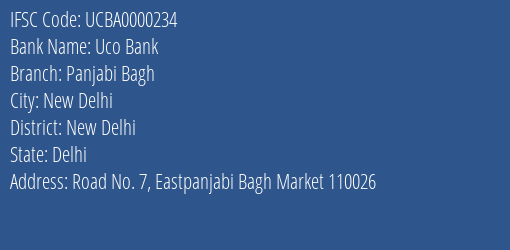 Uco Bank Panjabi Bagh Branch New Delhi IFSC Code UCBA0000234