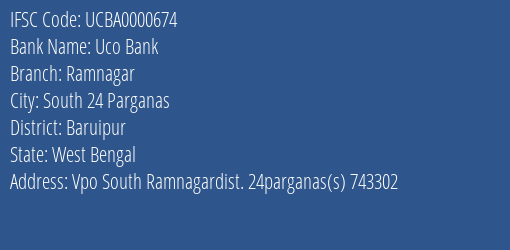 Uco Bank Ramnagar Branch Baruipur IFSC Code UCBA0000674