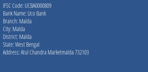 Uco Bank Malda Branch Malda IFSC Code UCBA0000809