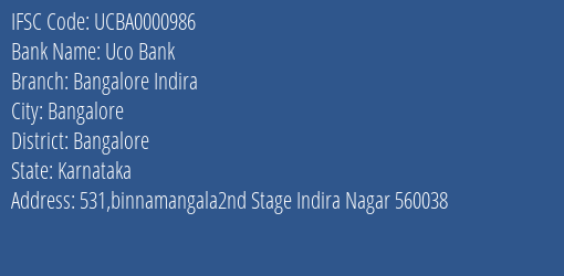Uco Bank Bangalore Indira Branch Bangalore IFSC Code UCBA0000986