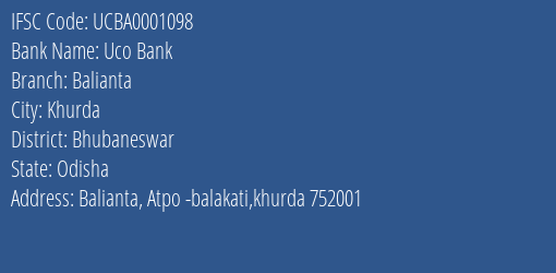 Uco Bank Balianta Branch IFSC Code