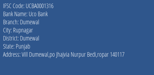 Uco Bank Dumewal Branch Dumewal IFSC Code UCBA0001316
