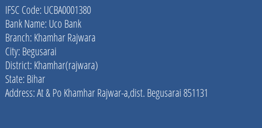 Uco Bank Khamhar Rajwara Branch Khamhar Rajwara IFSC Code UCBA0001380