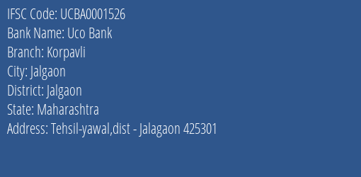 Uco Bank Korpavli Branch, Branch Code 001526 & IFSC Code UCBA0001526