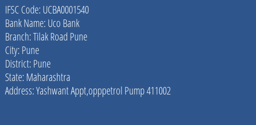 Uco Bank Tilak Road Pune Branch Pune IFSC Code UCBA0001540