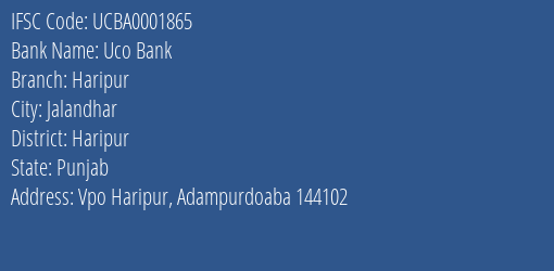 Uco Bank Haripur Branch Haripur IFSC Code UCBA0001865