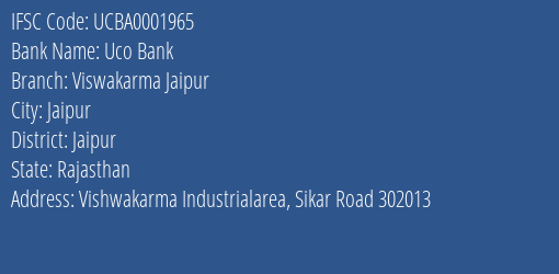 Uco Bank Viswakarma Jaipur Branch Jaipur IFSC Code UCBA0001965