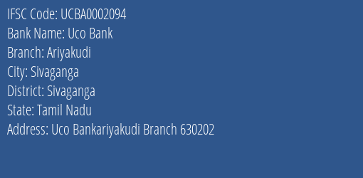 Uco Bank Ariyakudi Branch Sivaganga IFSC Code UCBA0002094