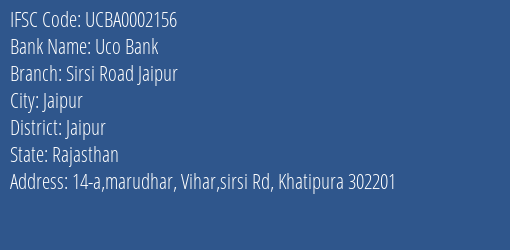 Uco Bank Sirsi Road Jaipur Branch Jaipur IFSC Code UCBA0002156