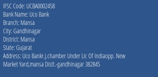 Uco Bank Mansa Branch, Branch Code 002458 & IFSC Code UCBA0002458
