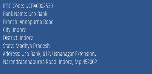 Uco Bank Annapurna Road Branch Indore IFSC Code UCBA0002530