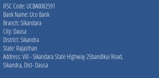 Uco Bank Sikandara Branch Sikandra IFSC Code UCBA0002591