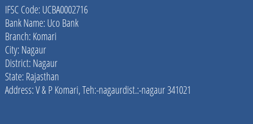 Uco Bank Komari Branch Nagaur IFSC Code UCBA0002716