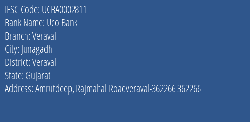 Uco Bank Veraval Branch, Branch Code 002811 & IFSC Code UCBA0002811