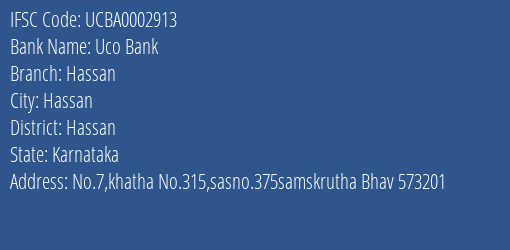 Uco Bank Hassan Branch, Branch Code 002913 & IFSC Code UCBA0002913