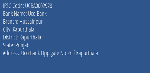 Uco Bank Hussainpur Branch Kapurthala IFSC Code UCBA0002928