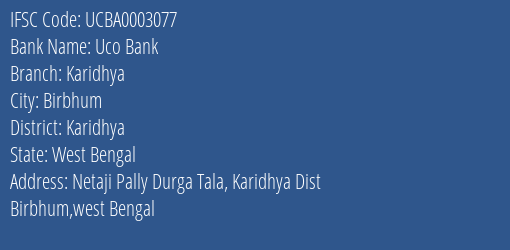 Uco Bank Karidhya Branch Karidhya IFSC Code UCBA0003077