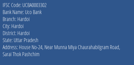 Uco Bank Hardoi Branch, Branch Code 003302 & IFSC Code UCBA0003302