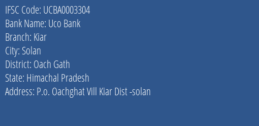 Uco Bank Kiar Branch, Branch Code 003304 & IFSC Code UCBA0003304