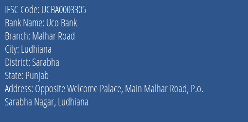 Uco Bank Malhar Road Branch, Branch Code 003305 & IFSC Code UCBA0003305
